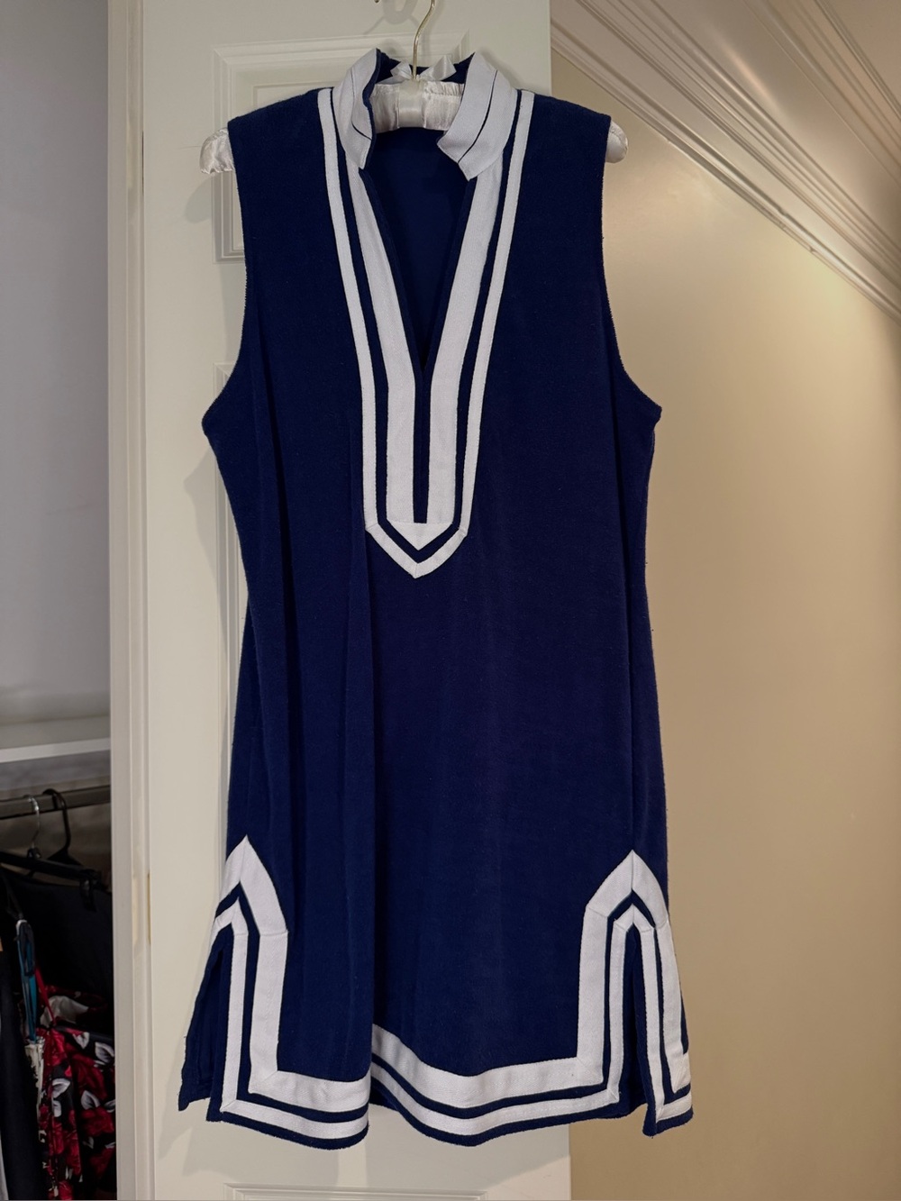 Cabana Life Sleeveless V-Neck Navy Blue Dress with White Trim EUC Terry feel